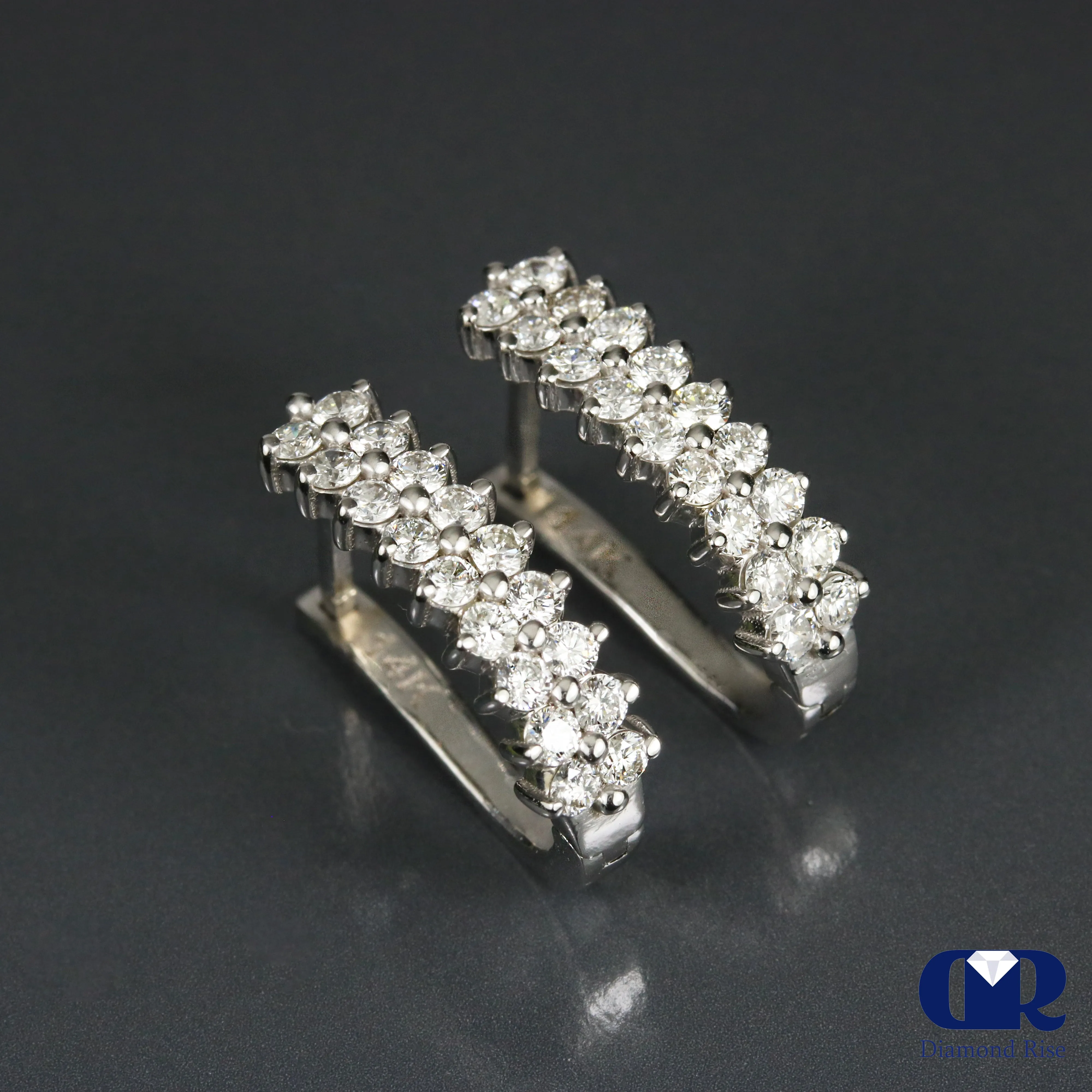 1.00 Carat Round Cut Diamond U Shape Huggie Hoop Earrings 14K White Gold