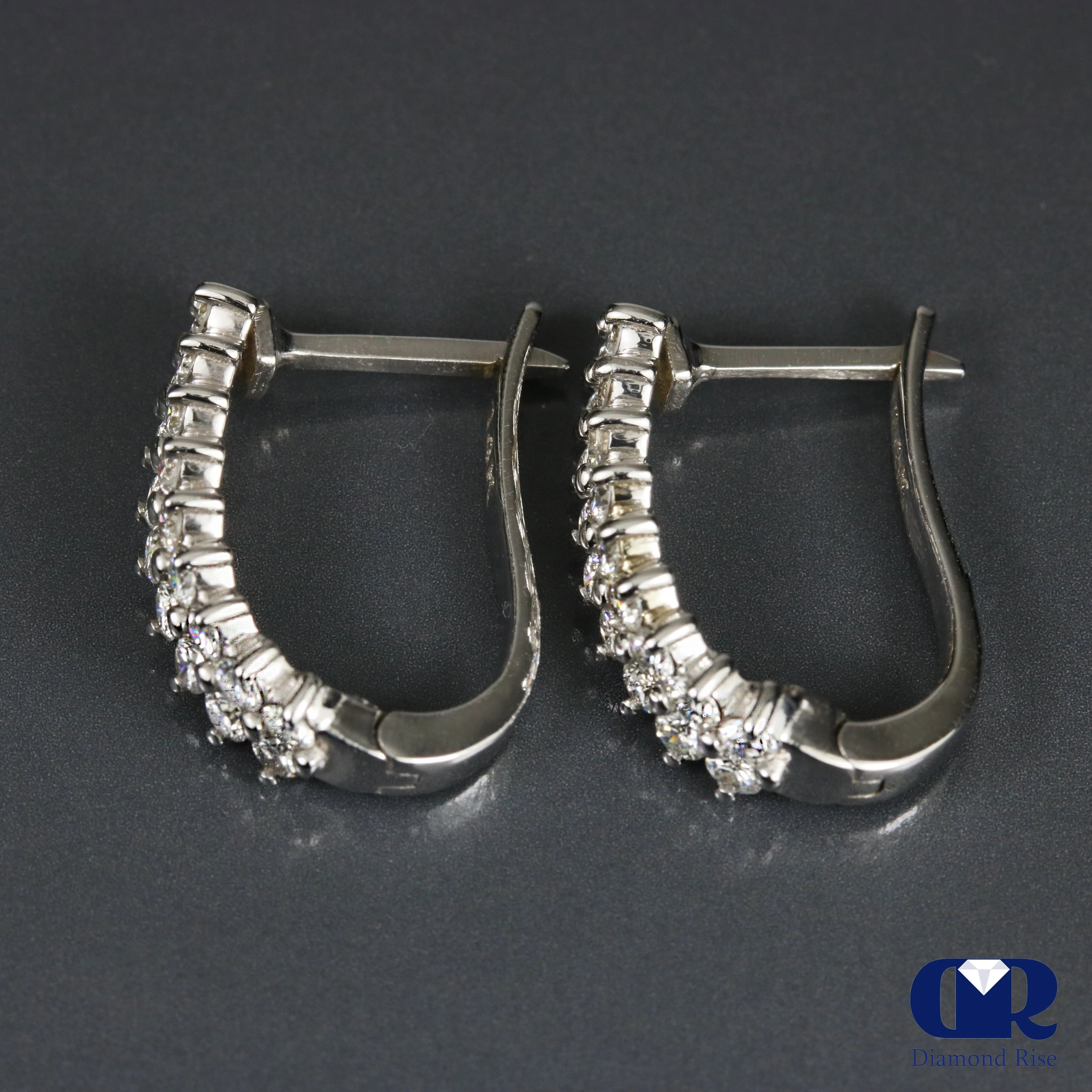 1.00 Carat Round Cut Diamond U Shape Huggie Hoop Earrings 14K White Gold
