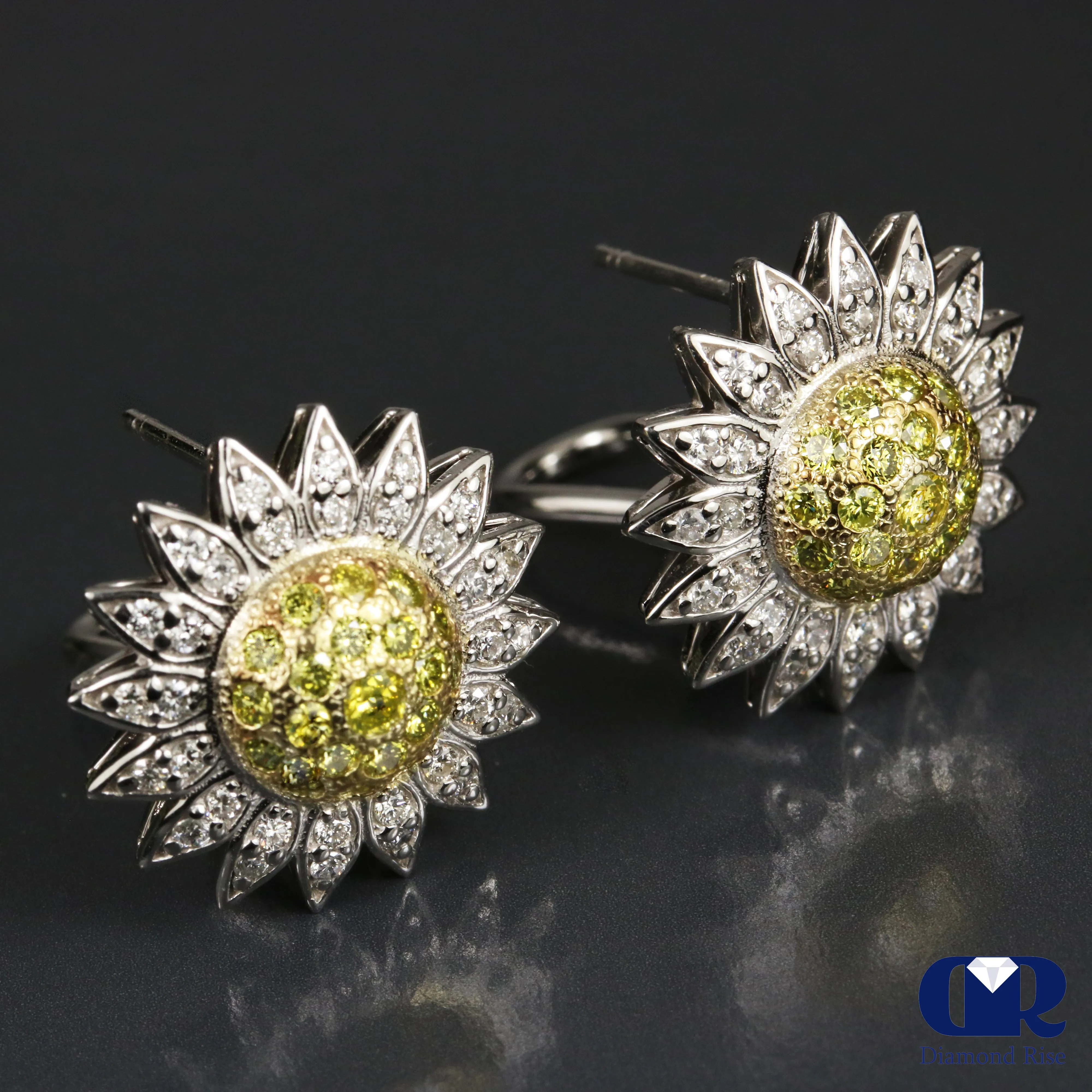 1.30 Carat Diamond Sunflower Earrings 14K White Gold W/Omega Back