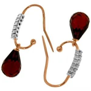 14K Solid Rose Gold Fish Hook Diamond & Garnet Earrings Certified