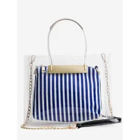 2 Pieces Transparent Striped Handbag Set - Blue