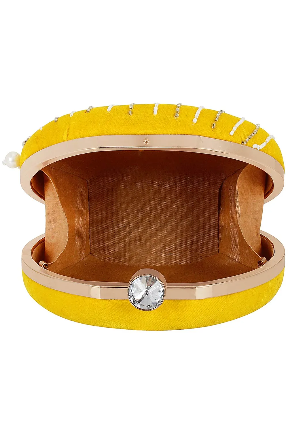 Adorn Embelished Velvet Fabric Clutch Yellow and White