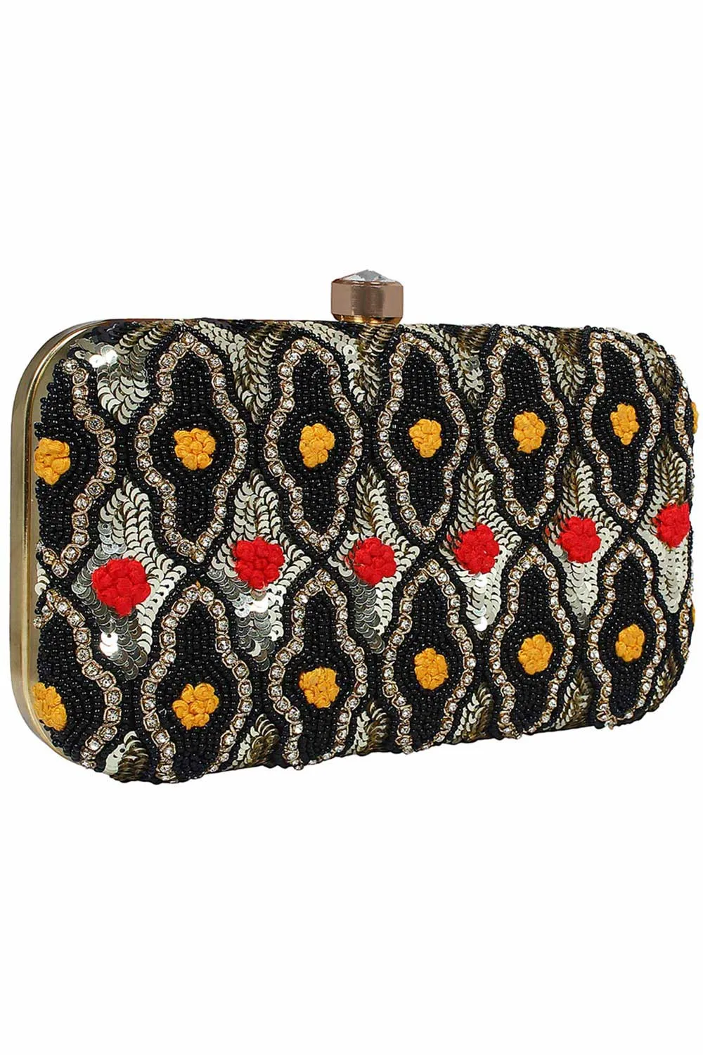 Adorn Embroidered & Embellished Faux Silk Clutch Black & Multi