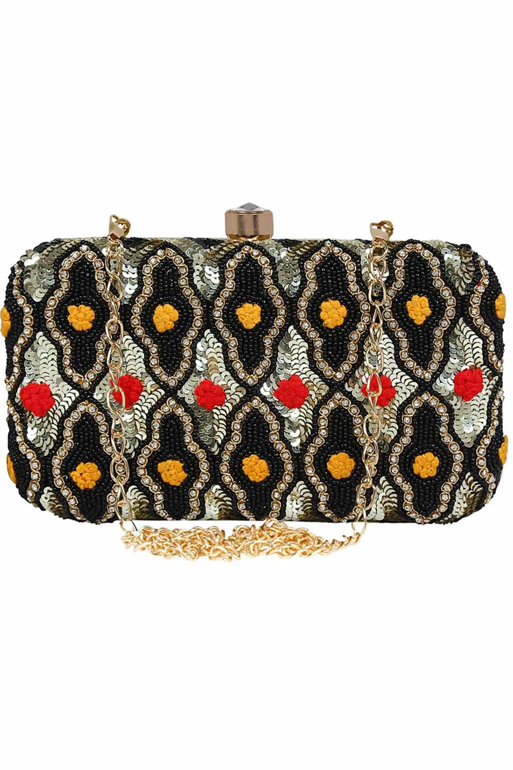 Adorn Embroidered & Embellished Faux Silk Clutch Black & Multi