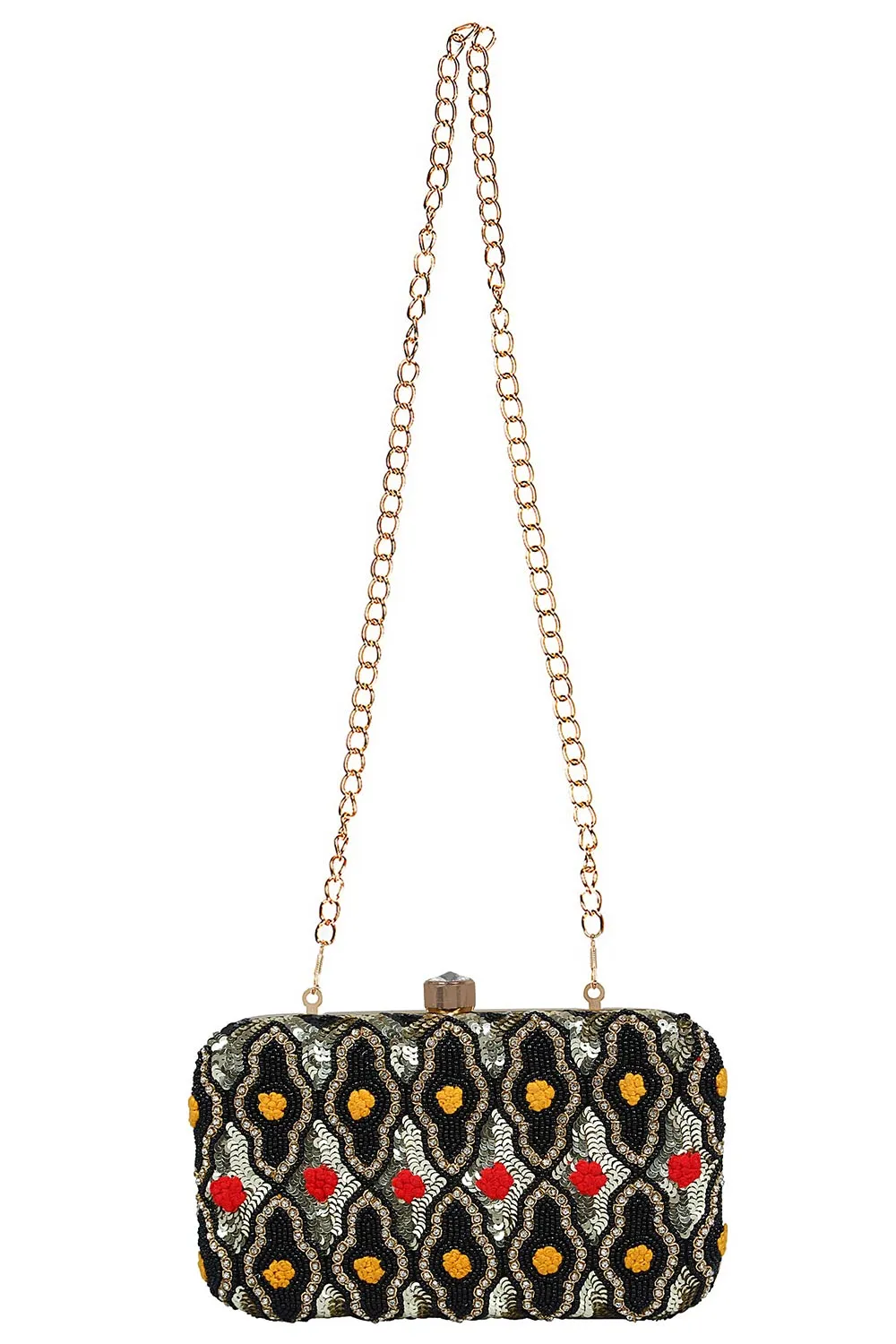 Adorn Embroidered & Embellished Faux Silk Clutch Black & Multi