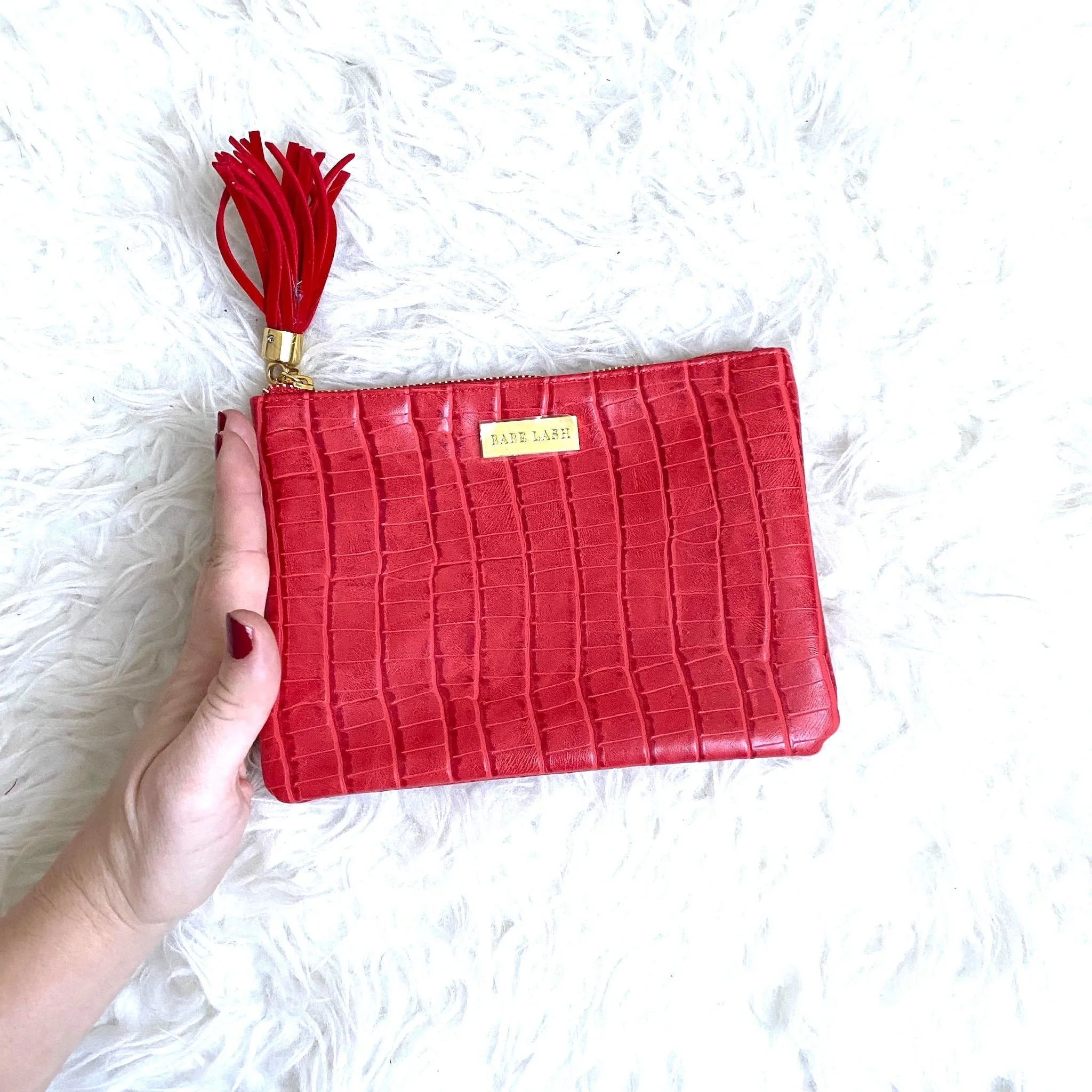 Babe Lash Red Animal Print Small Tassel Clutch