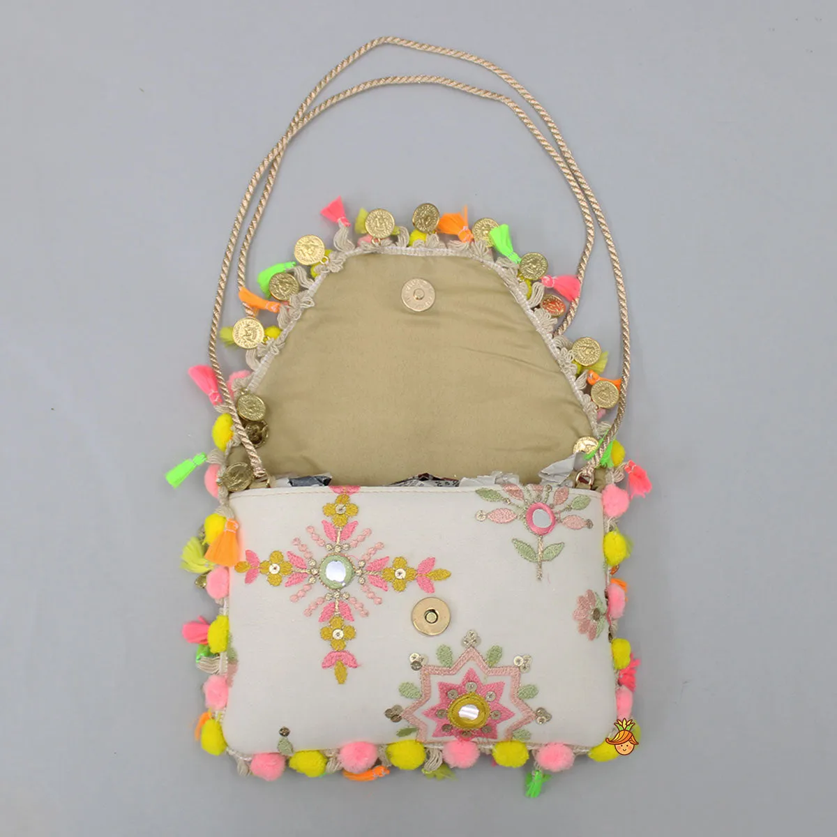 Colourful Thread Embroidered Rope Sling Bag