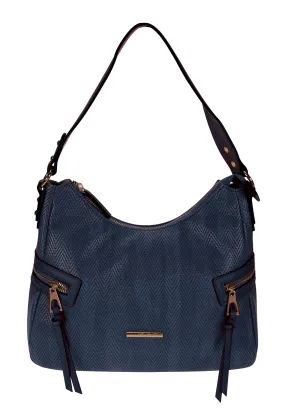 Curved Top Style Textured Handbag with Side Zip Details in Navy