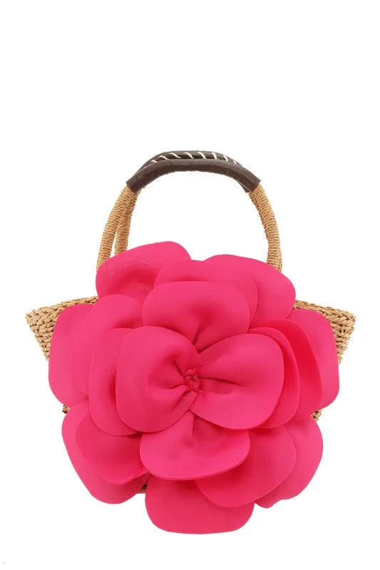 Flower Accent Straw Handbag