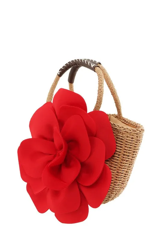 Flower Accent Straw Handbag