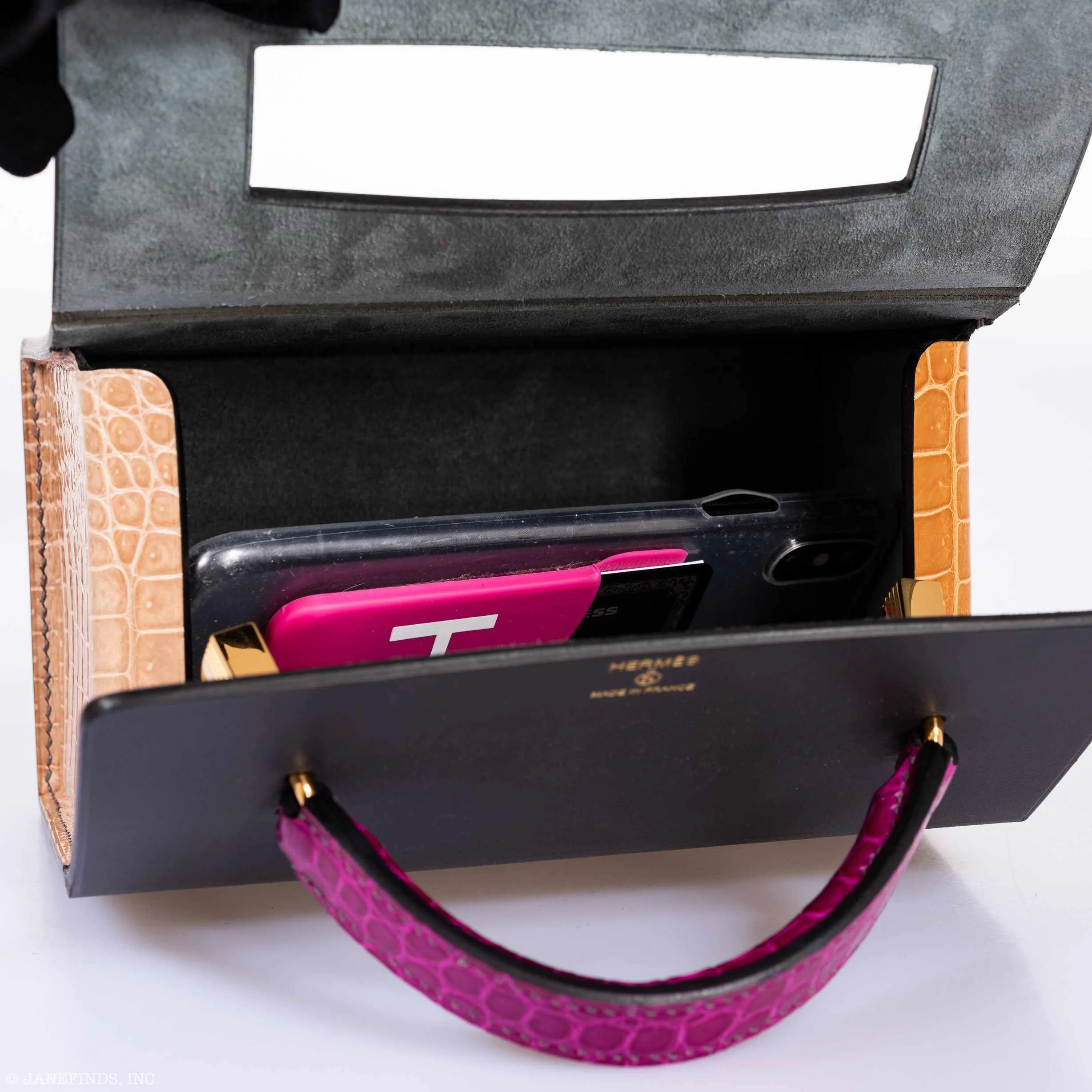 Hermès Minaudière 18 petit h Graphite, Fuchsia, Poussiere Porosus Crocodile & Calf Gold Hardware Bag