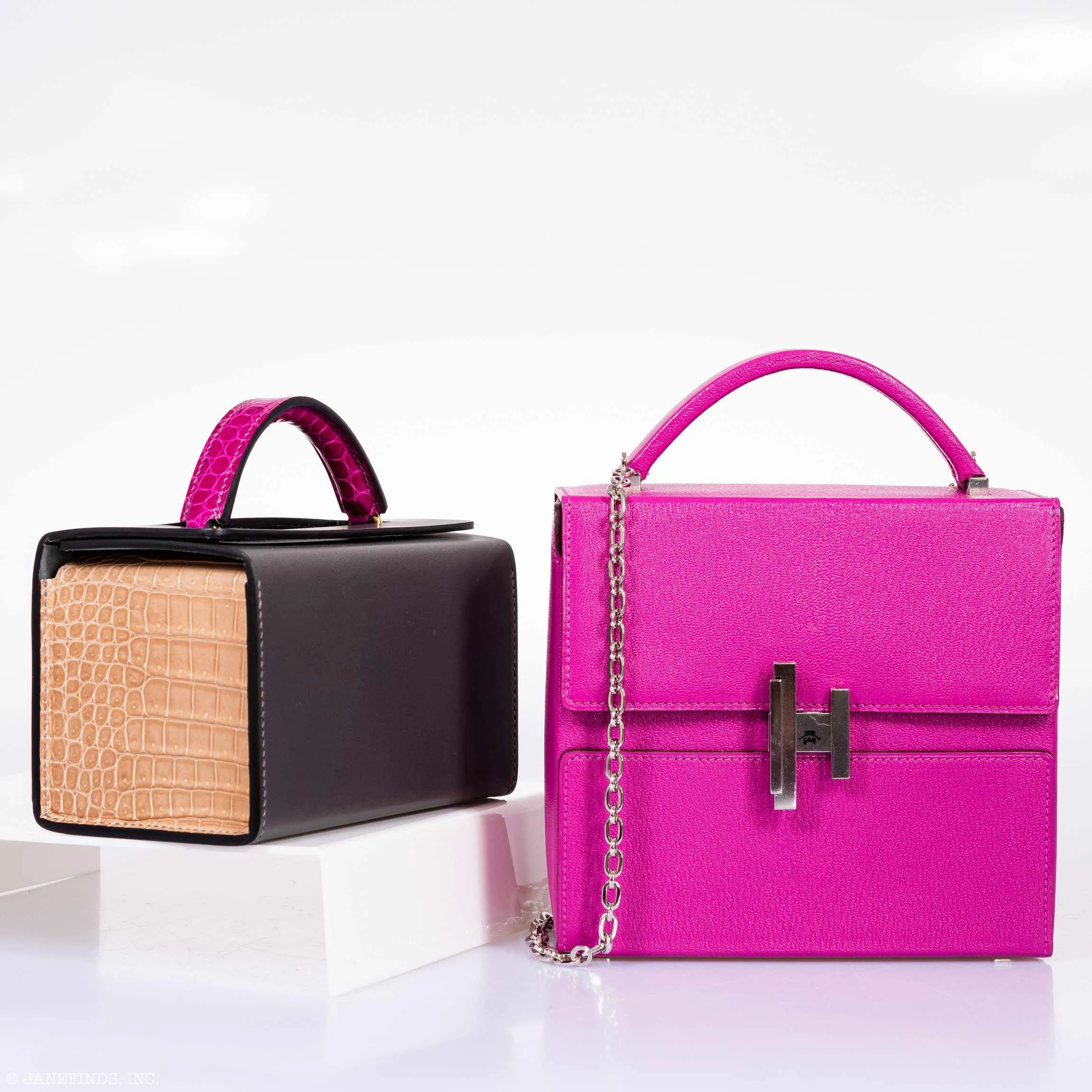 Hermès Minaudière 18 petit h Graphite, Fuchsia, Poussiere Porosus Crocodile & Calf Gold Hardware Bag