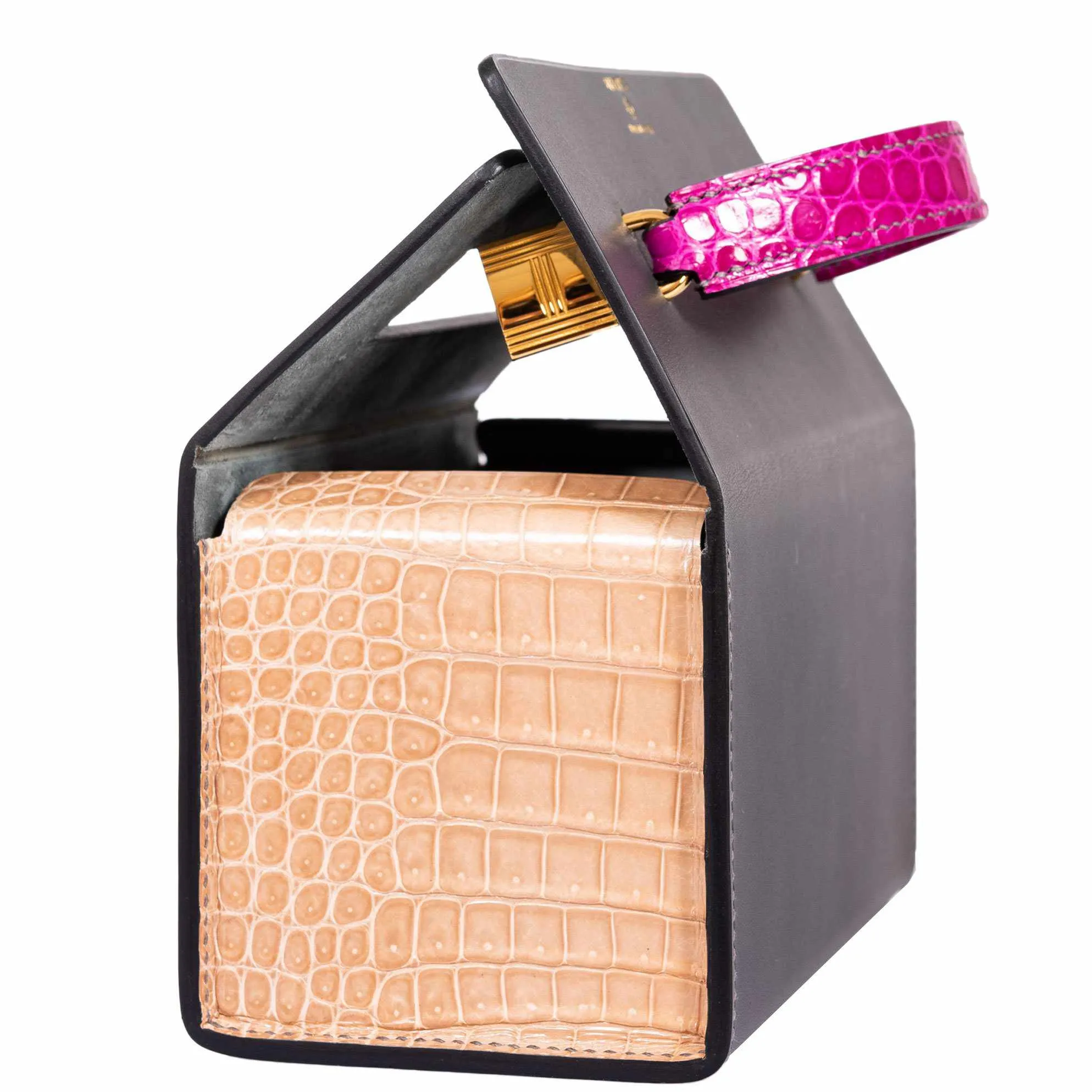 Hermès Minaudière 18 petit h Graphite, Fuchsia, Poussiere Porosus Crocodile & Calf Gold Hardware Bag