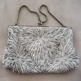 Hong Kong Glass Cream and Silver Seed Bead and Rhinestone Purse