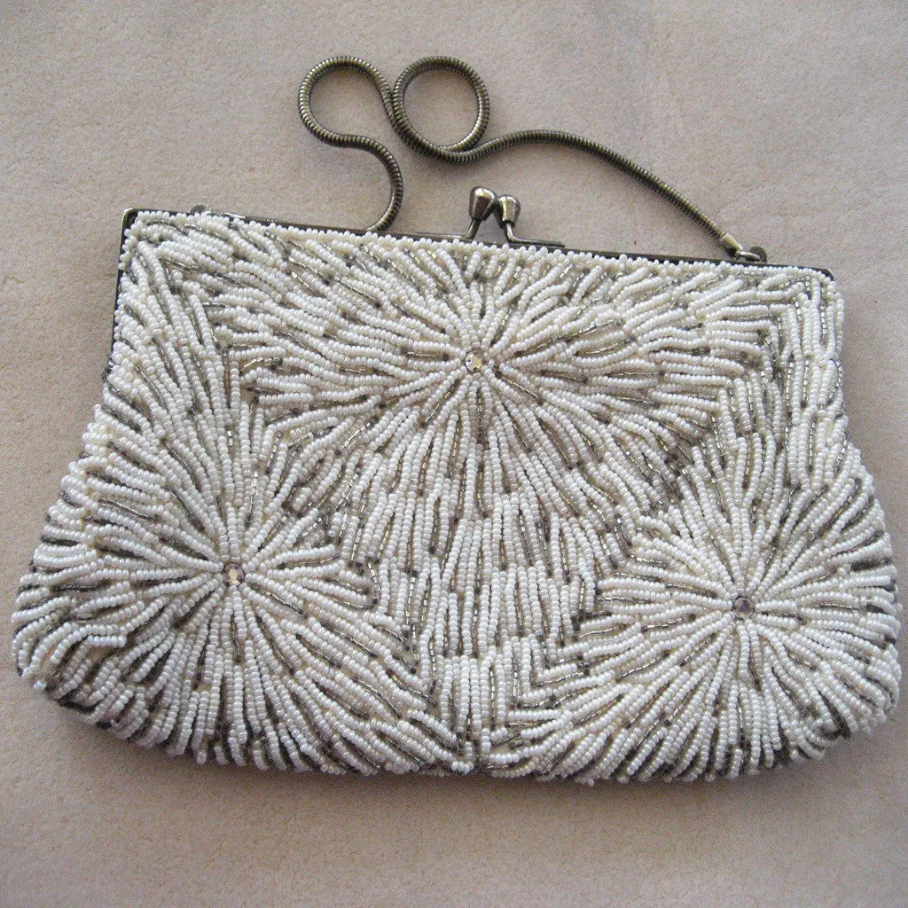Hong Kong Glass Cream and Silver Seed Bead and Rhinestone Purse