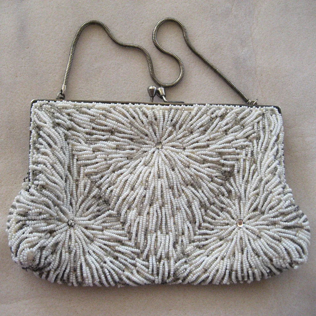 Hong Kong Glass Cream and Silver Seed Bead and Rhinestone Purse