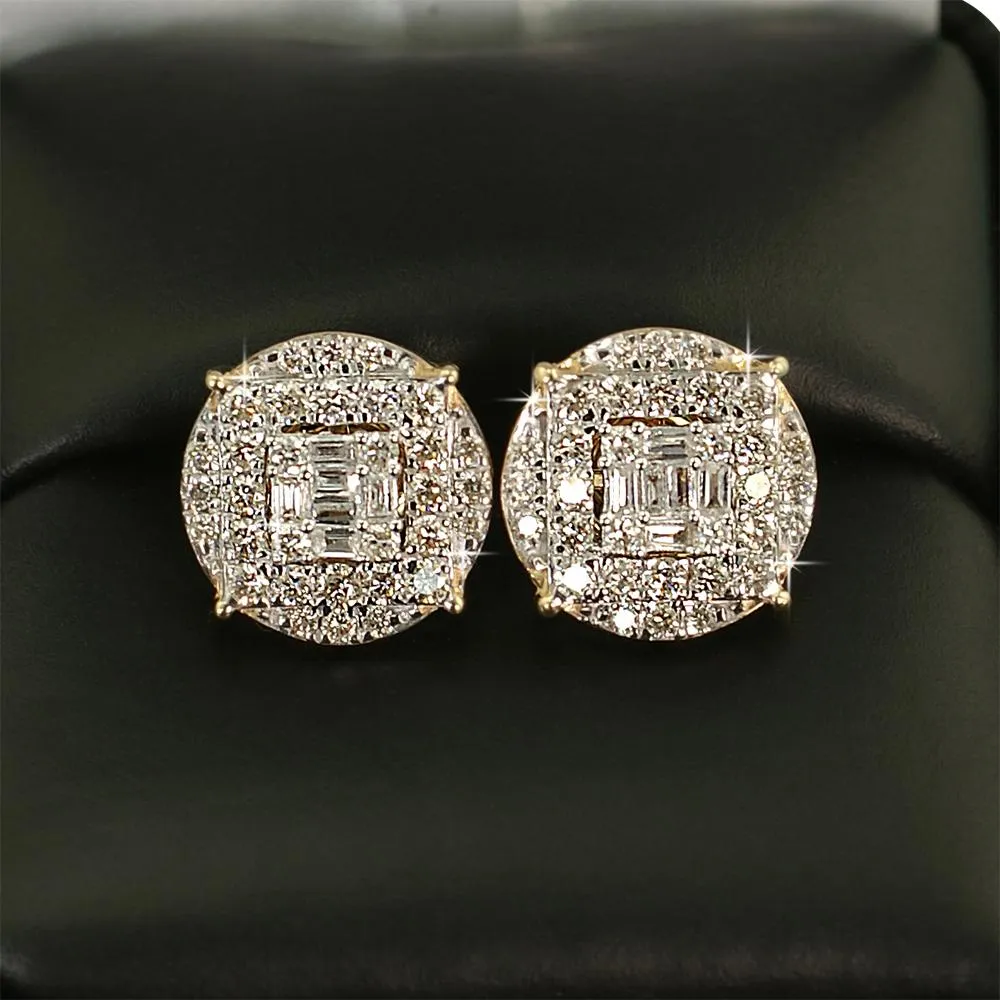 Large Baguette in Circle Diamond Earrings 1.10cttw 10K Yellow Gold