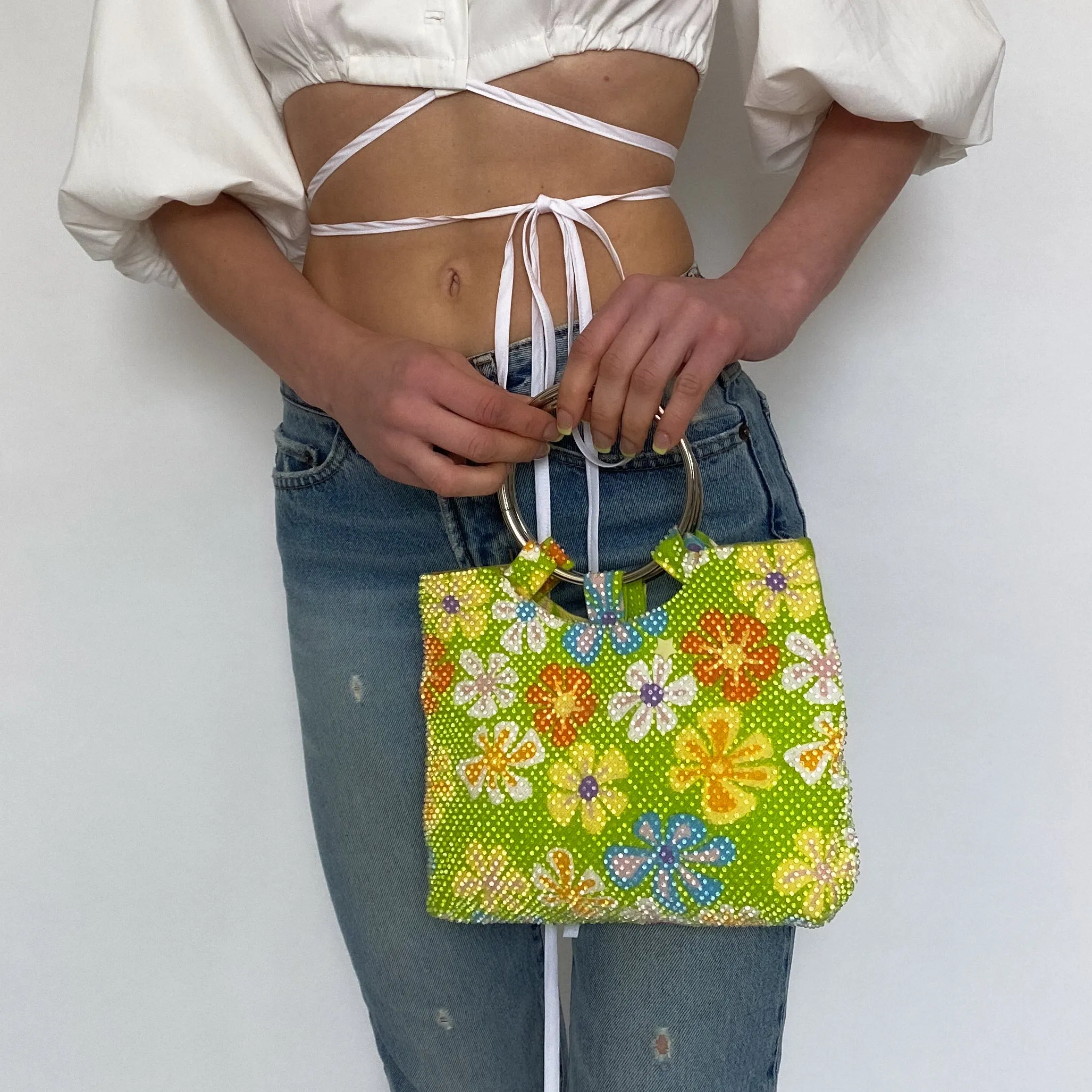 lime floral beaded handbag