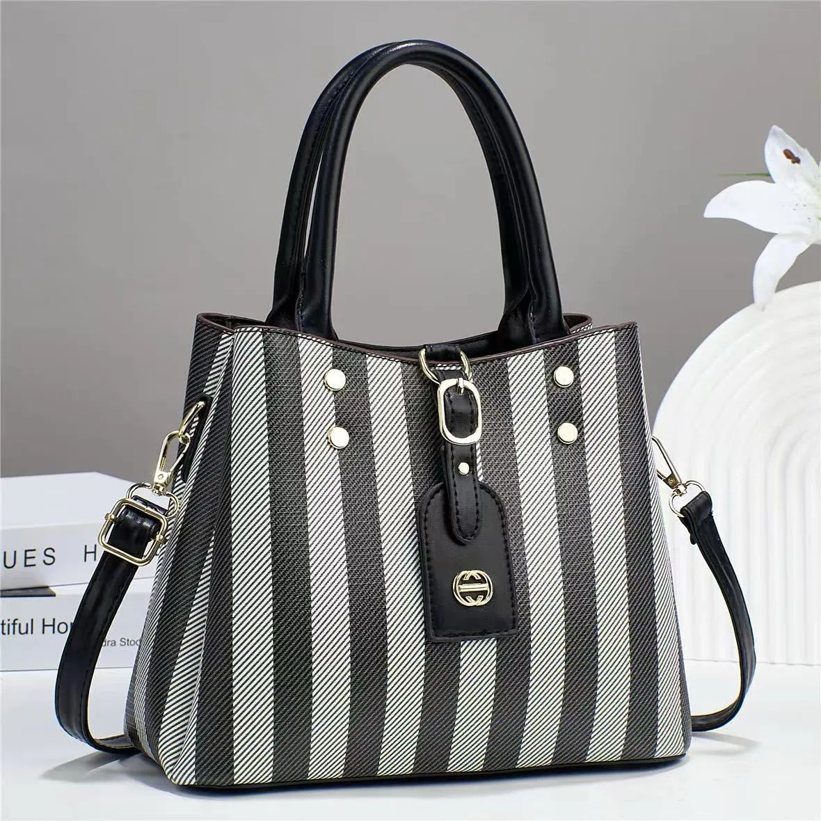 Striped Lambskin Satchel green and white