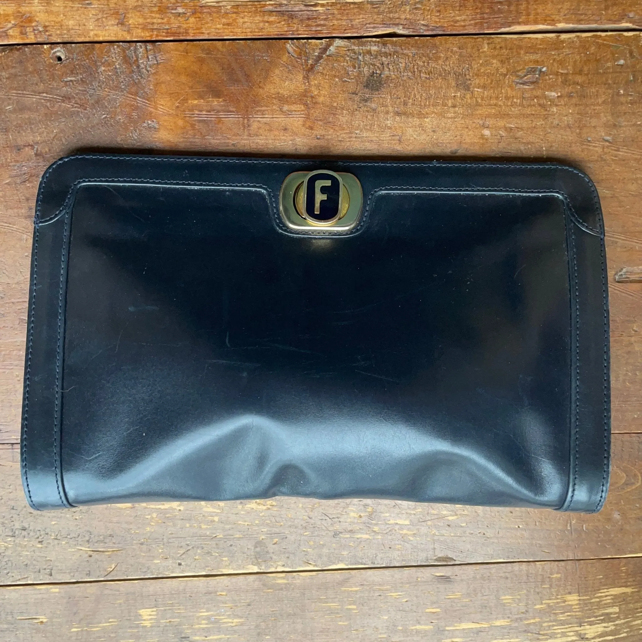 Vintage Navy Blue Leather Clutch by Salvatore Ferragamo. Gold Tone Hardware. 1980s Designer Bag.