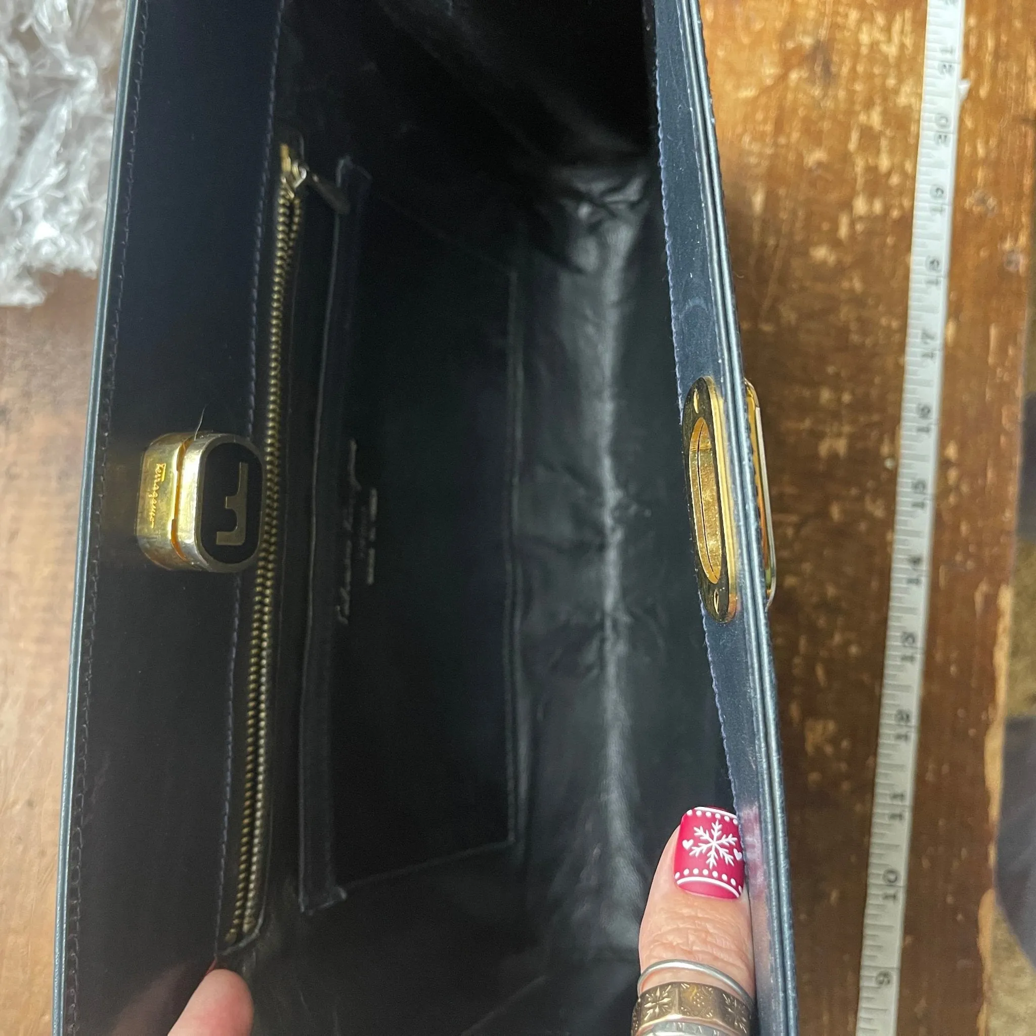 Vintage Navy Blue Leather Clutch by Salvatore Ferragamo. Gold Tone Hardware. 1980s Designer Bag.
