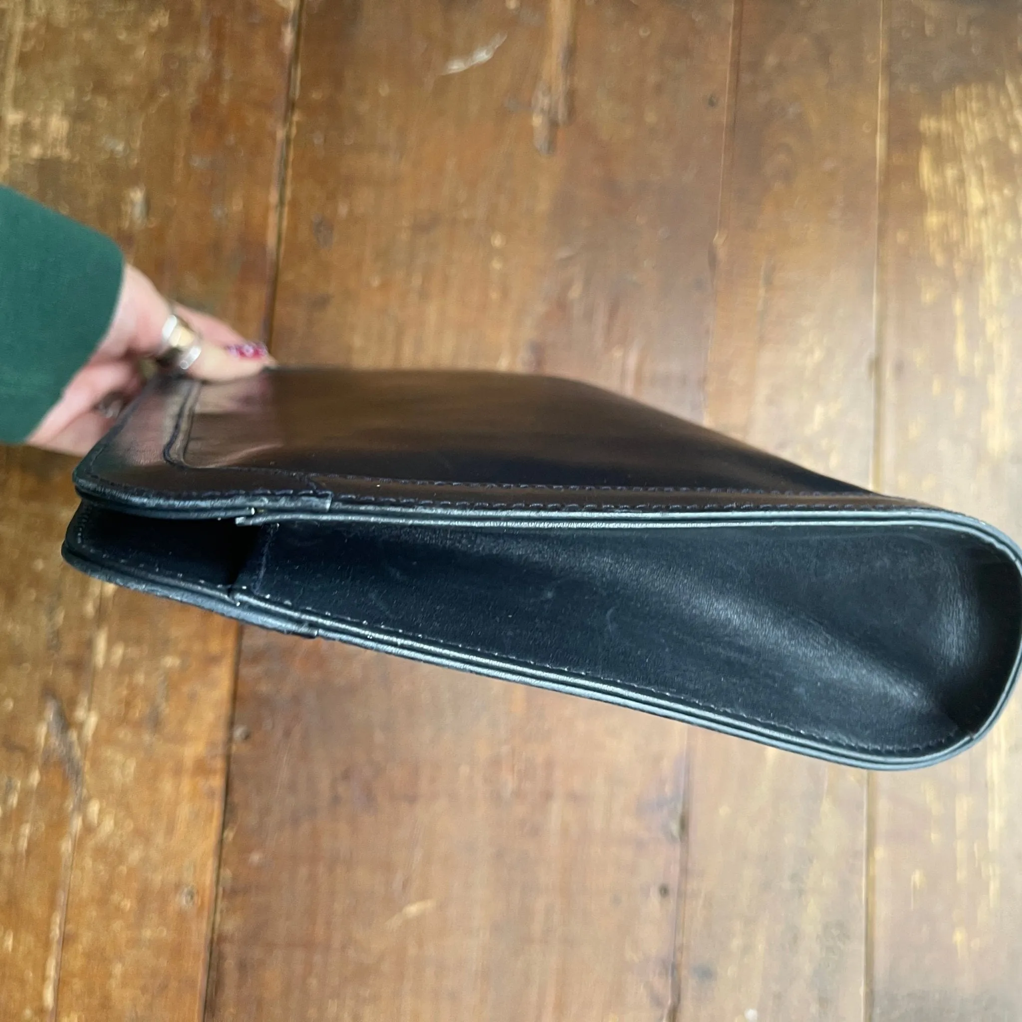 Vintage Navy Blue Leather Clutch by Salvatore Ferragamo. Gold Tone Hardware. 1980s Designer Bag.