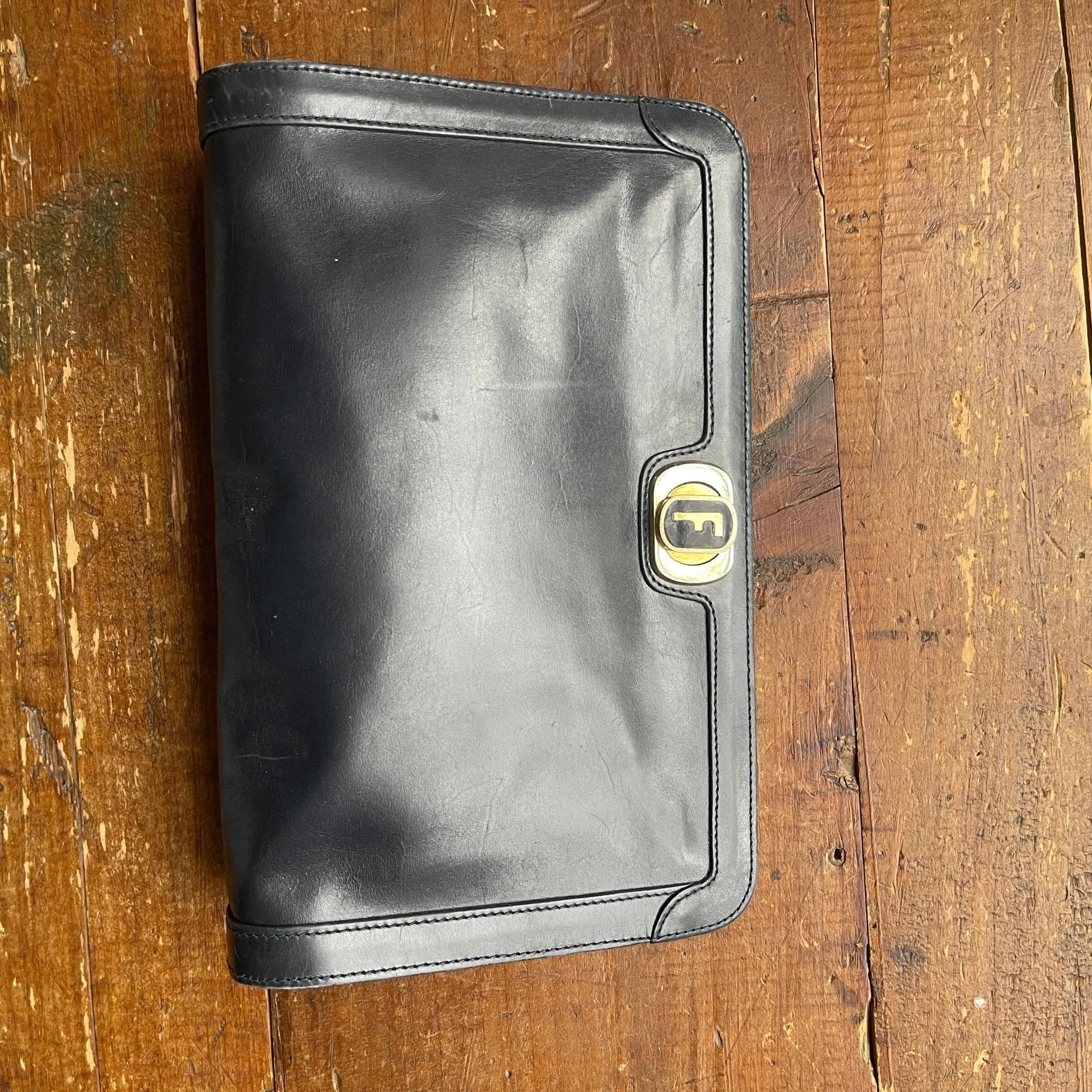 Vintage Navy Blue Leather Clutch by Salvatore Ferragamo. Gold Tone Hardware. 1980s Designer Bag.