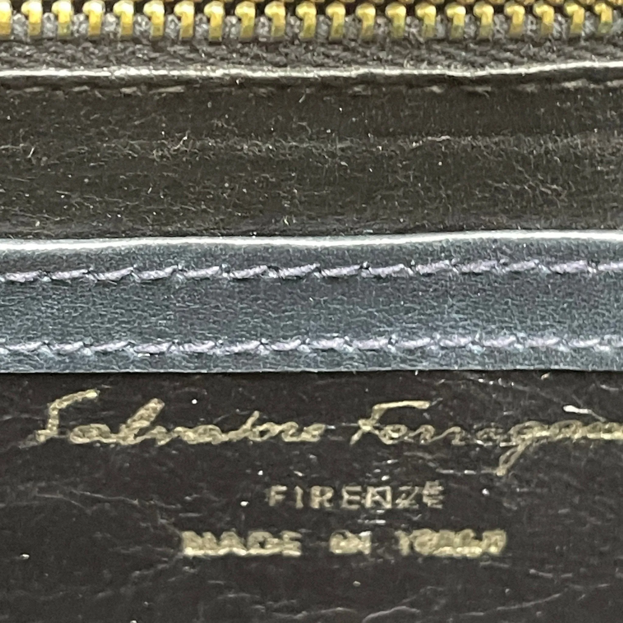 Vintage Navy Blue Leather Clutch by Salvatore Ferragamo. Gold Tone Hardware. 1980s Designer Bag.